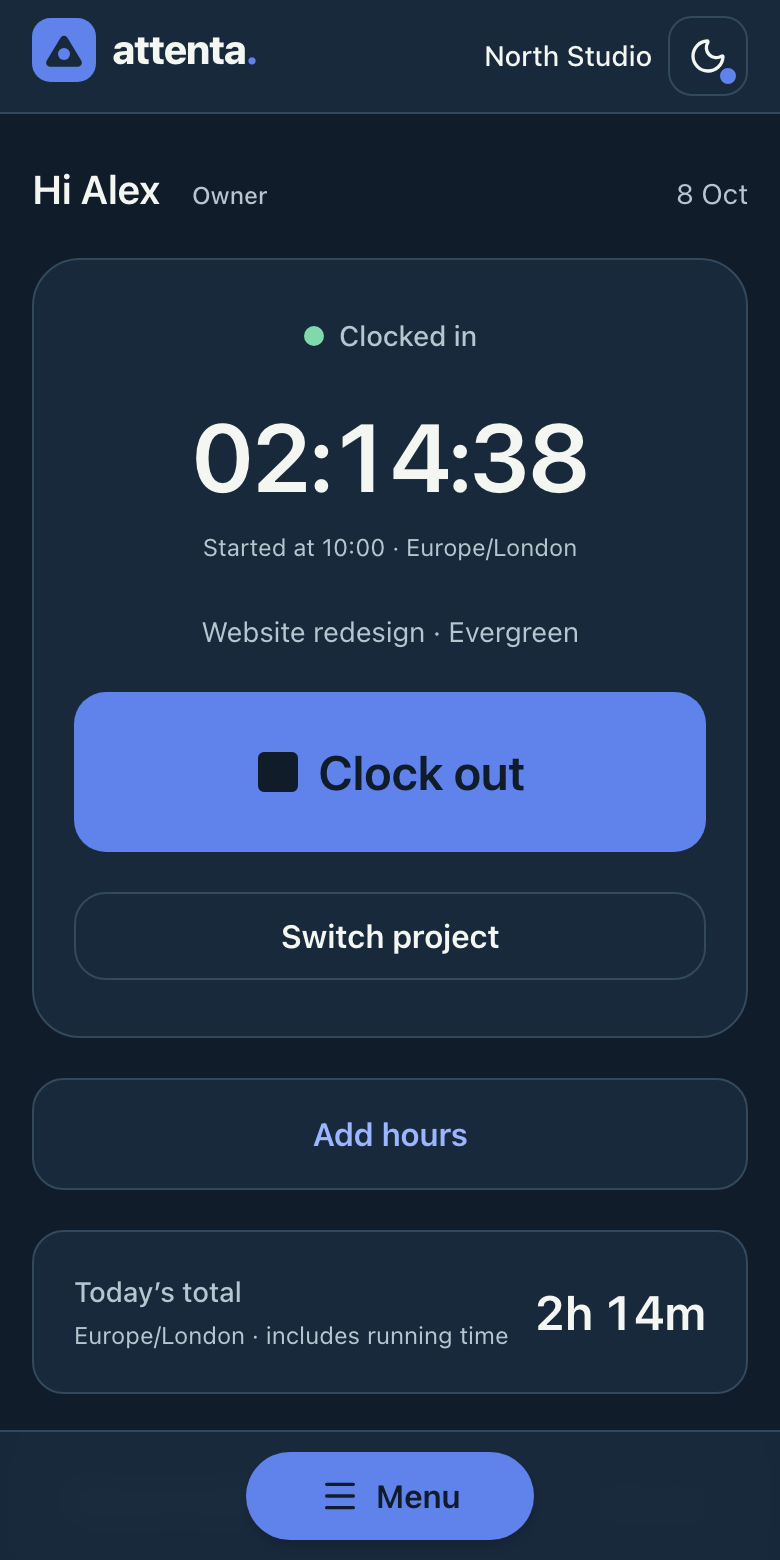Attenta clock screen with a running timer, Clock out and Switch project actions, and today’s total