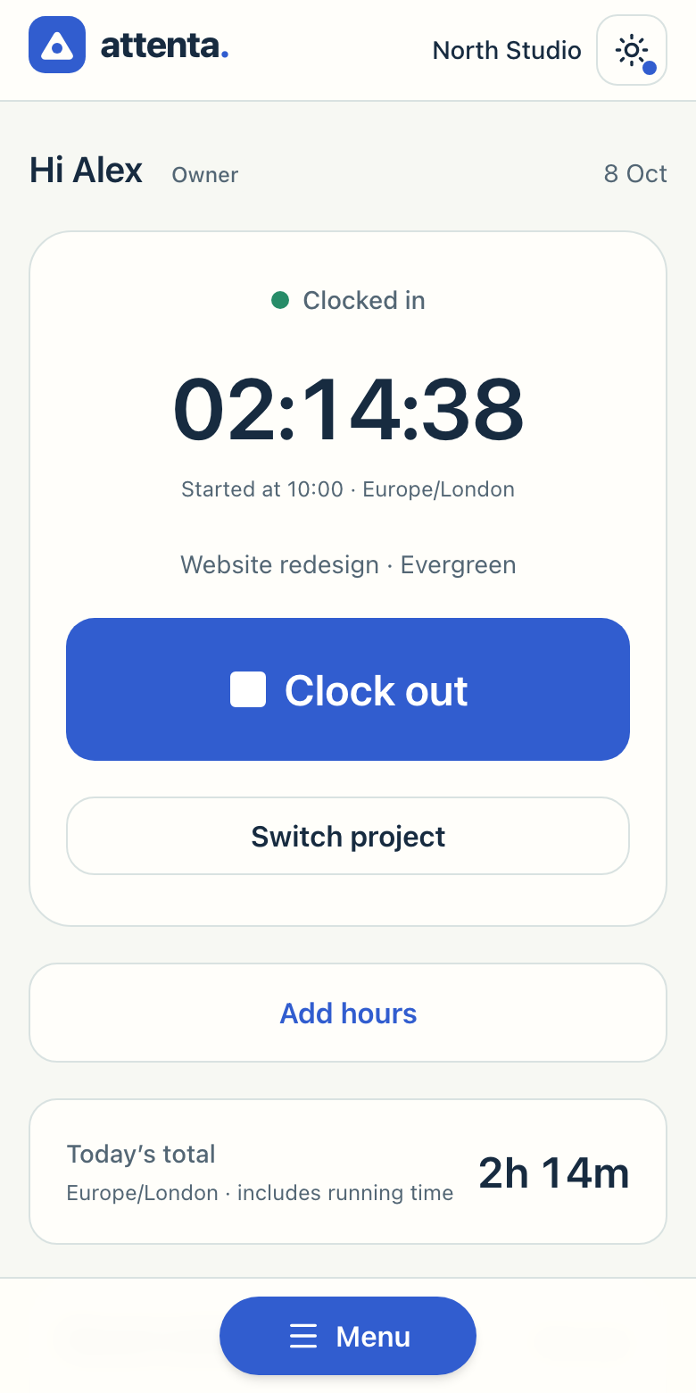 Attenta clock screen with a running timer, Clock out and Switch project actions, and today’s total