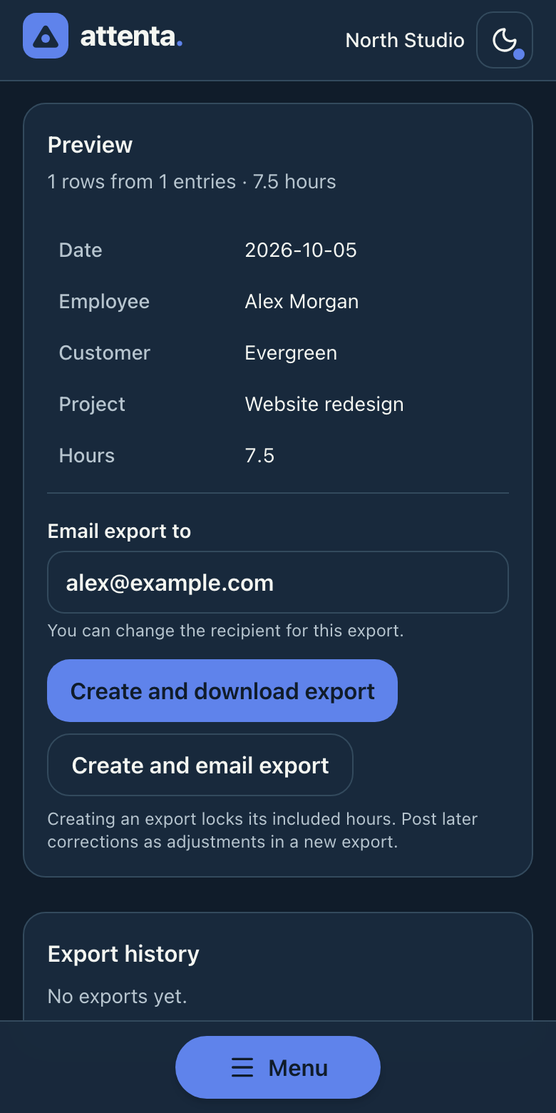 Attenta export preview on a phone, with hours, an email recipient and download and email actions