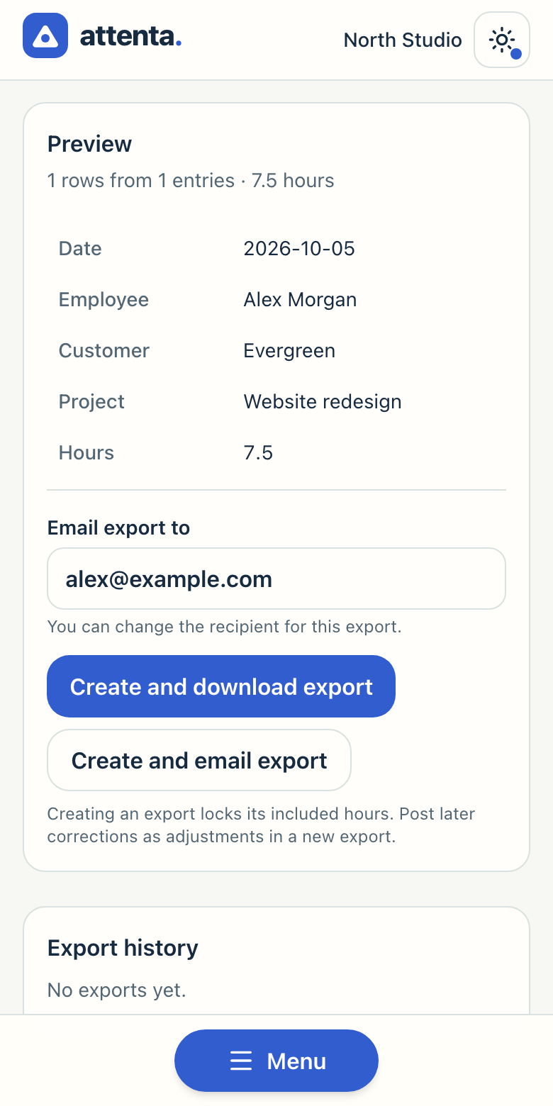 Attenta export preview on a phone, with hours, an email recipient and download and email actions