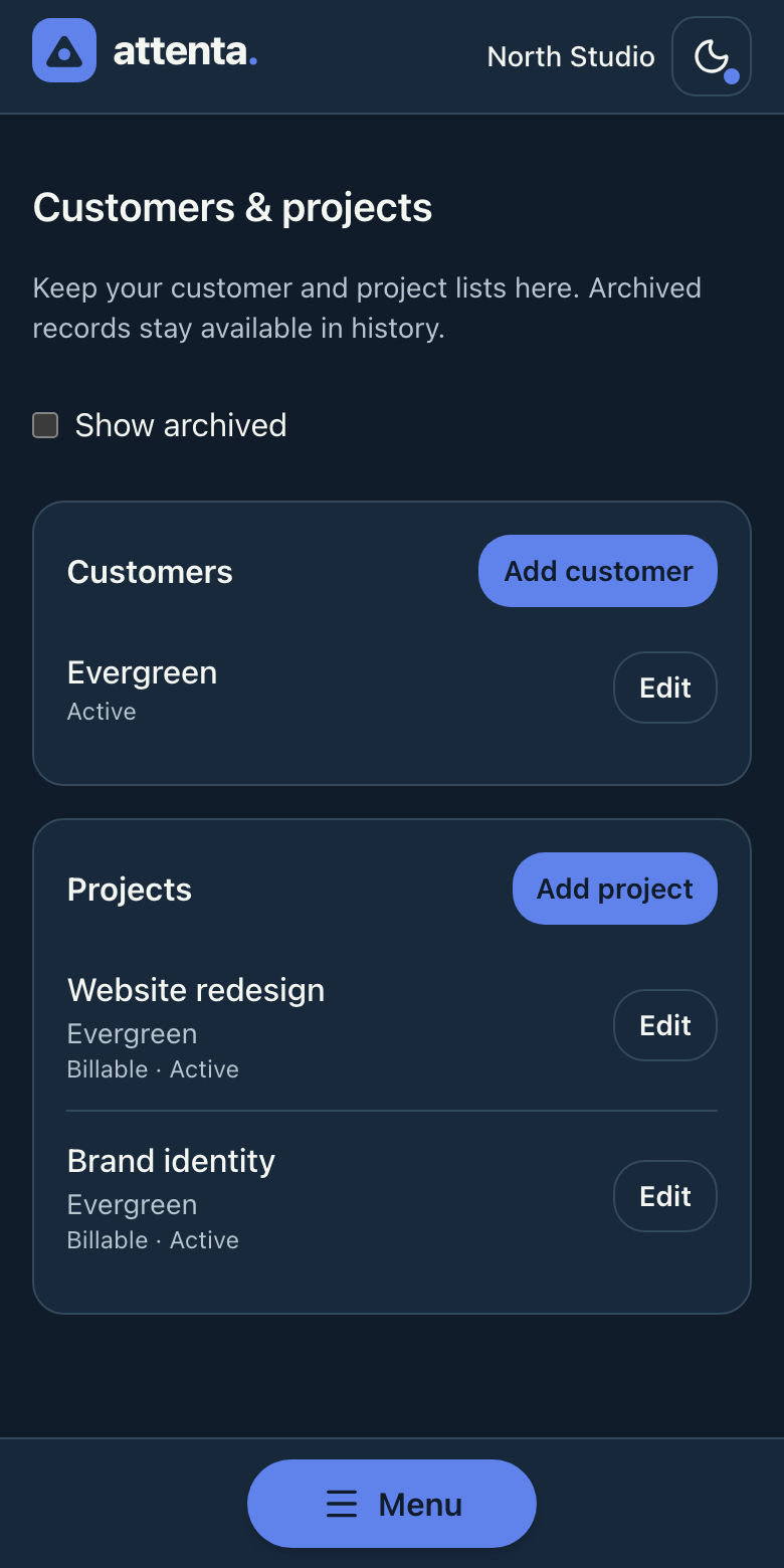 Attenta Customers and projects on a phone, with customer and project editing actions