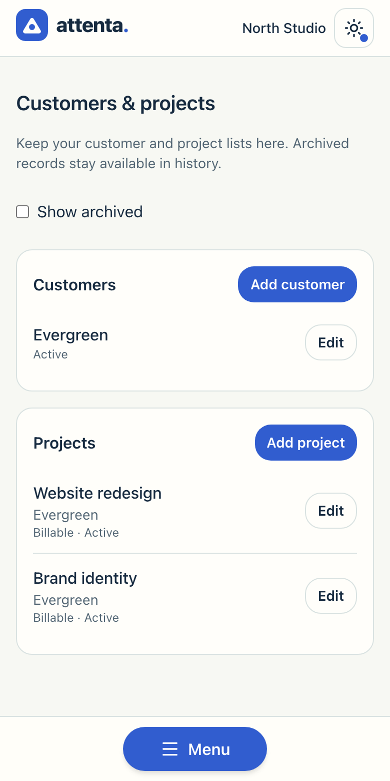 Attenta Customers and projects on a phone, with customer and project editing actions