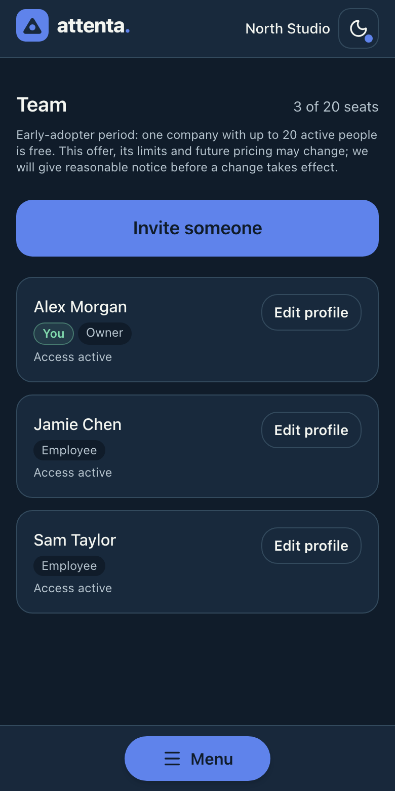 Attenta Team on a phone, with team members, Edit actions and Invite someone