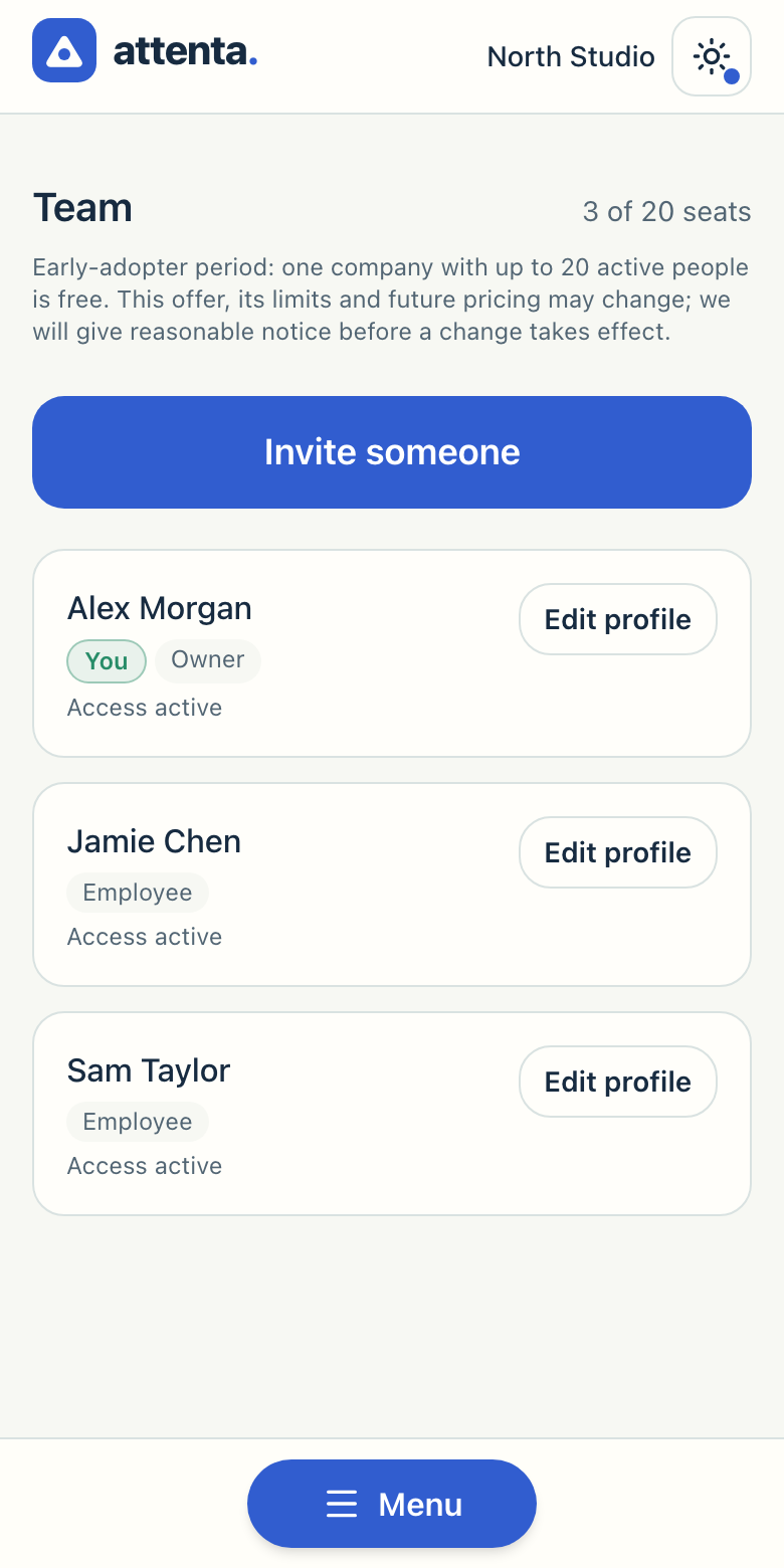 Attenta Team on a phone, with team members, Edit actions and Invite someone