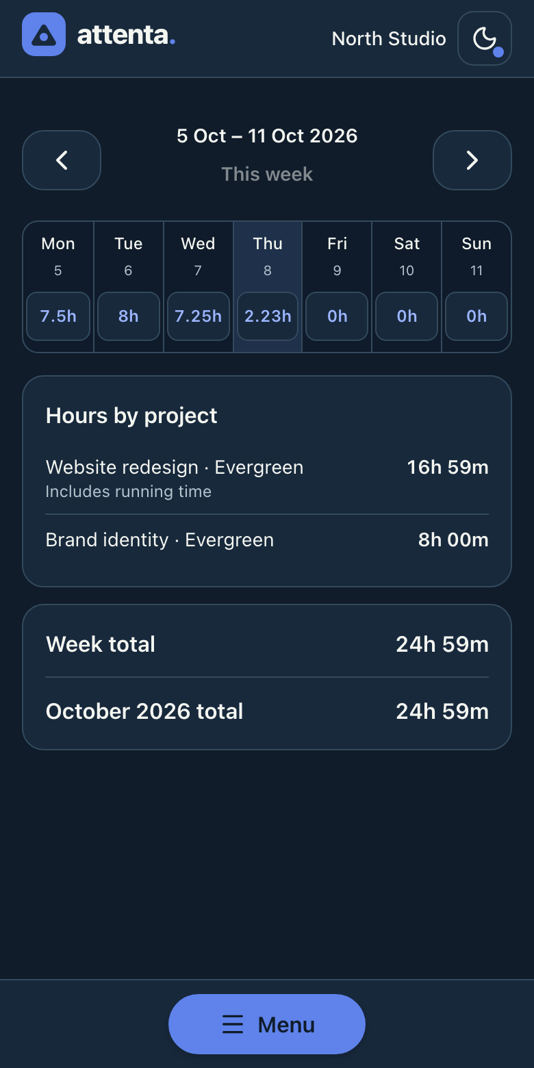 Attenta My week screen with daily hours, weekly totals and project rows