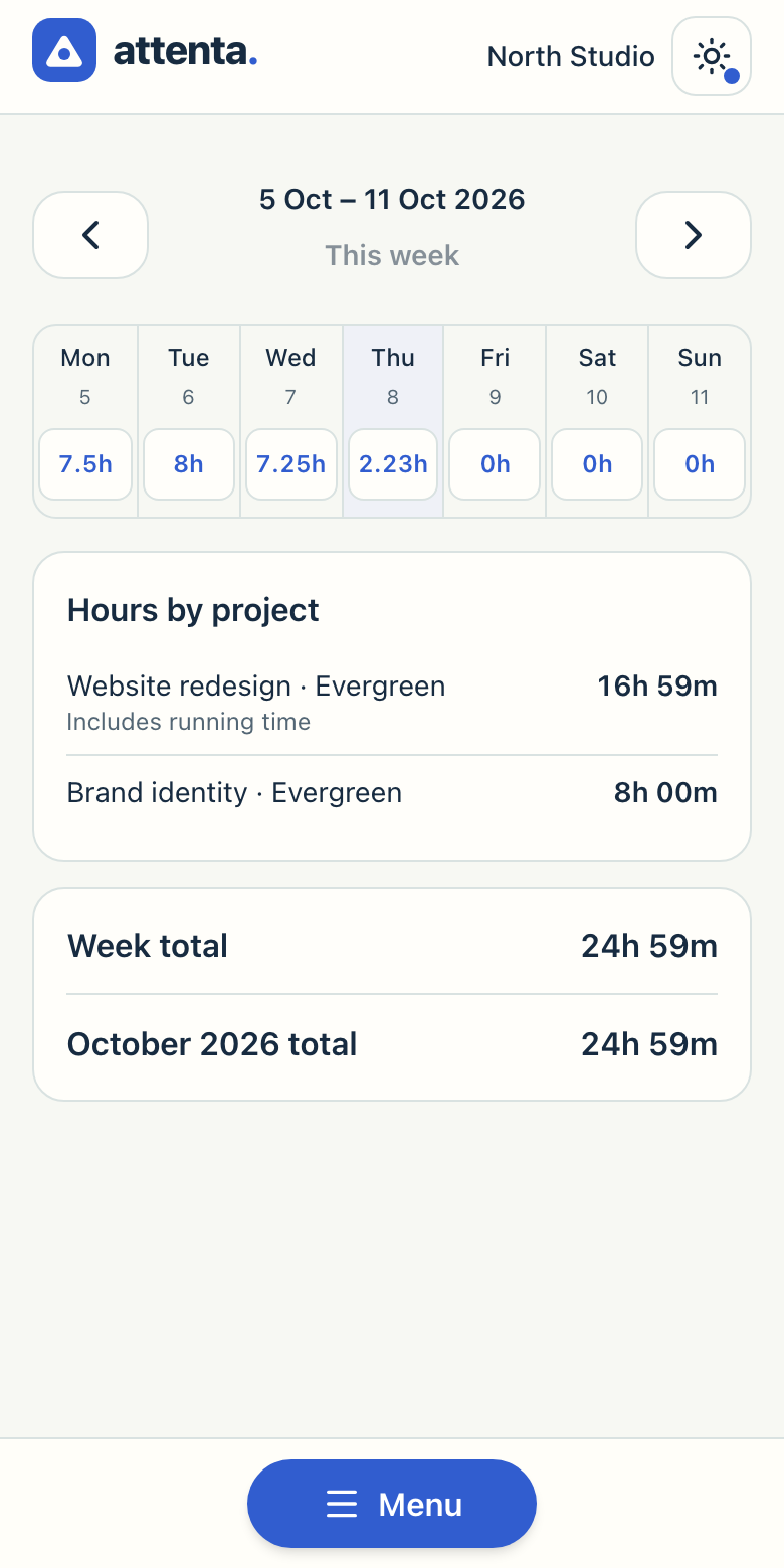 Attenta My week screen with daily hours, weekly totals and project rows